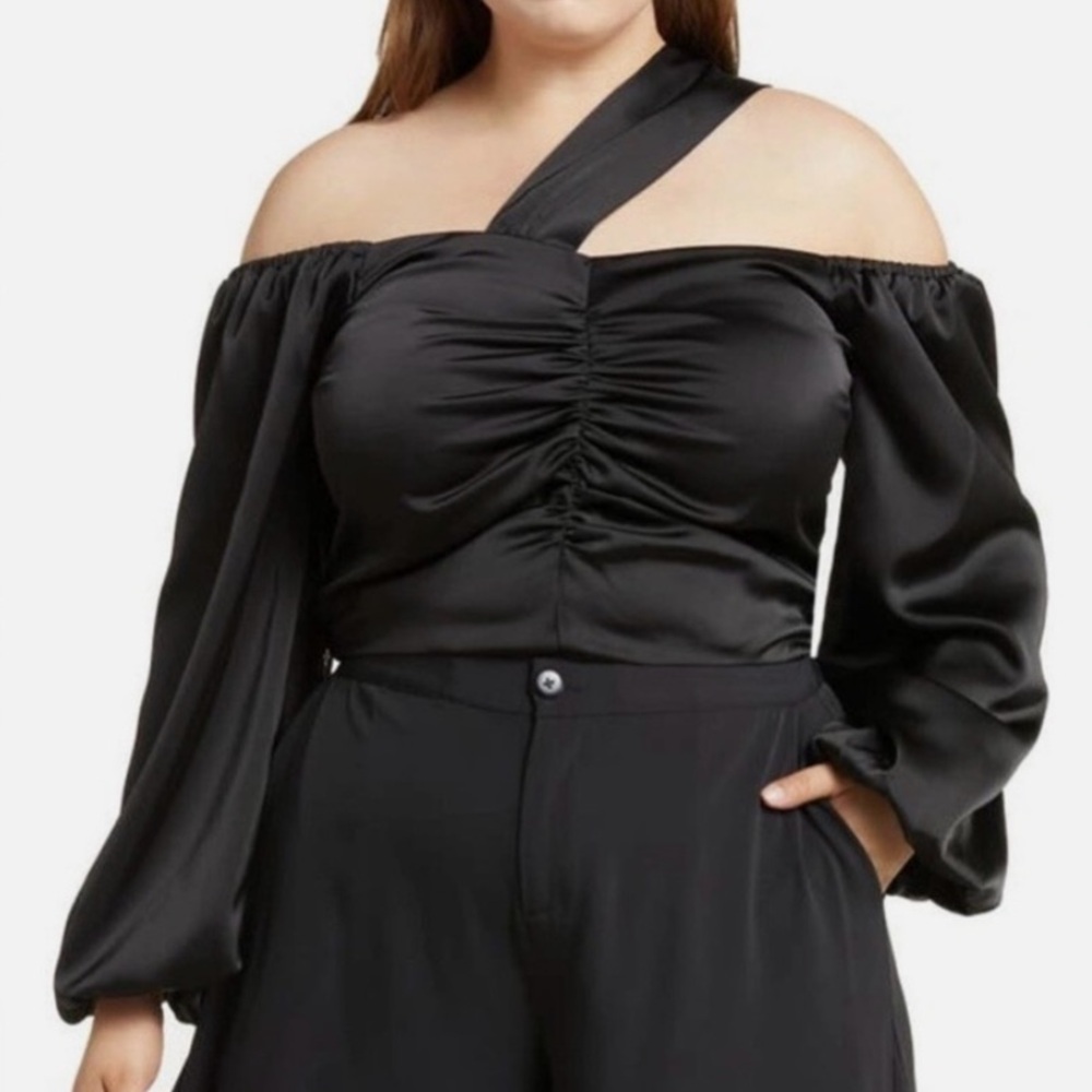 Amel Long Sleeve Black Off-Shoulder Satin Blouse